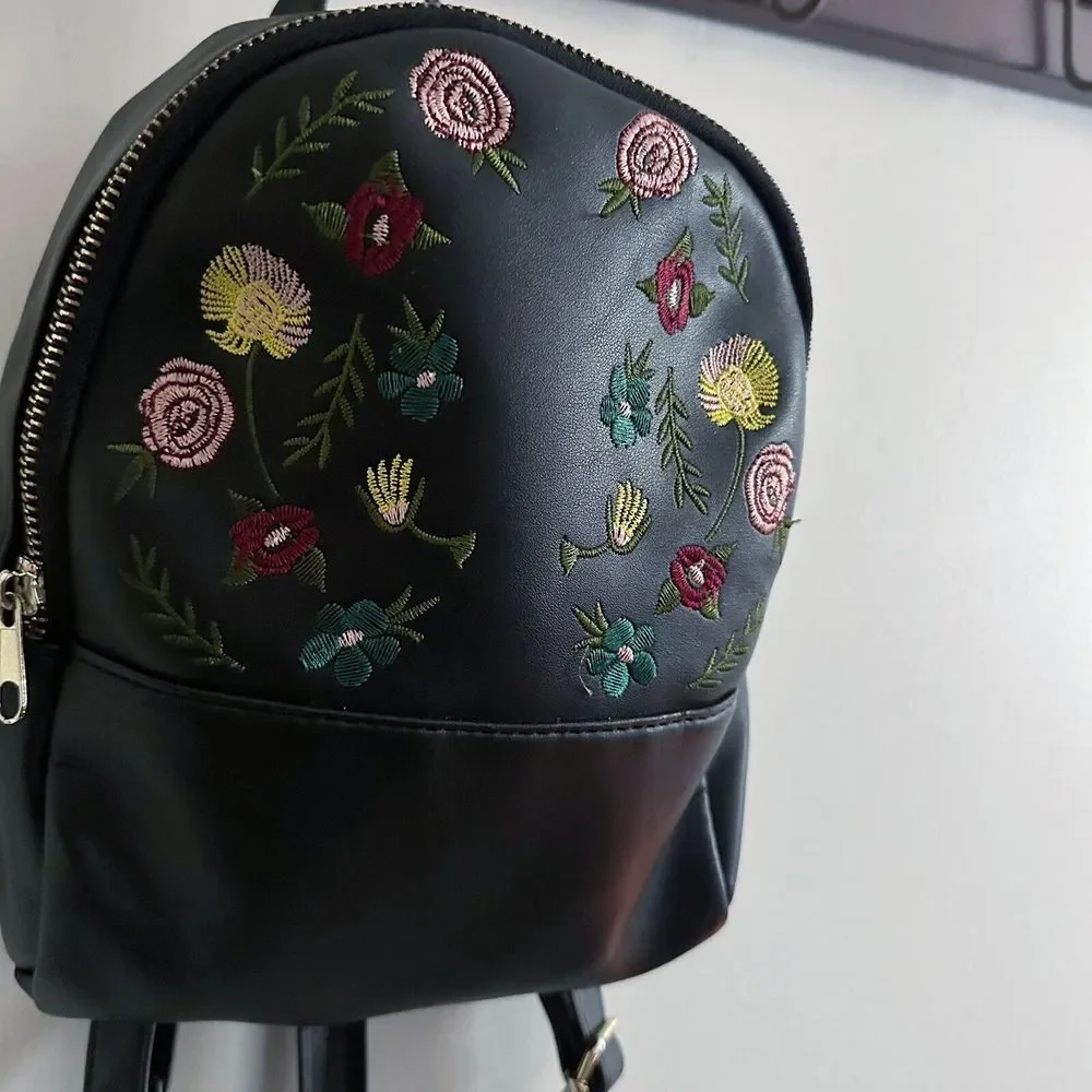 Small Mini Floral Faux Leather Black Backpack Art Inspo Embroidered‎ Flowers
